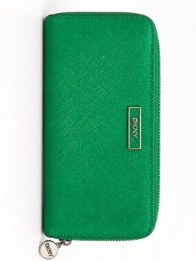 DKNY Green Saffiano Leather Zip-Around Wallet